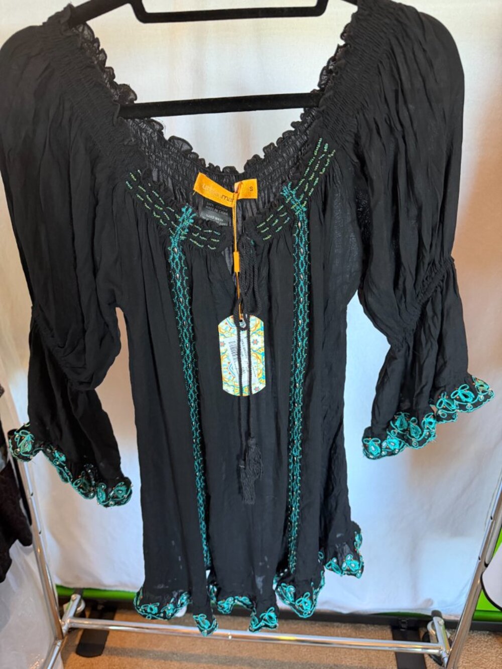 NWT Urban Mango Black Turquoise Embroidered Babydoll Peasant Top Size S
